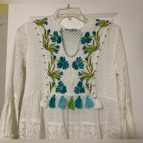 White XS blue island Crochet Tiered Eyelet Lace Embroidery Dress Cover Up Resort - Picture 2 of 13